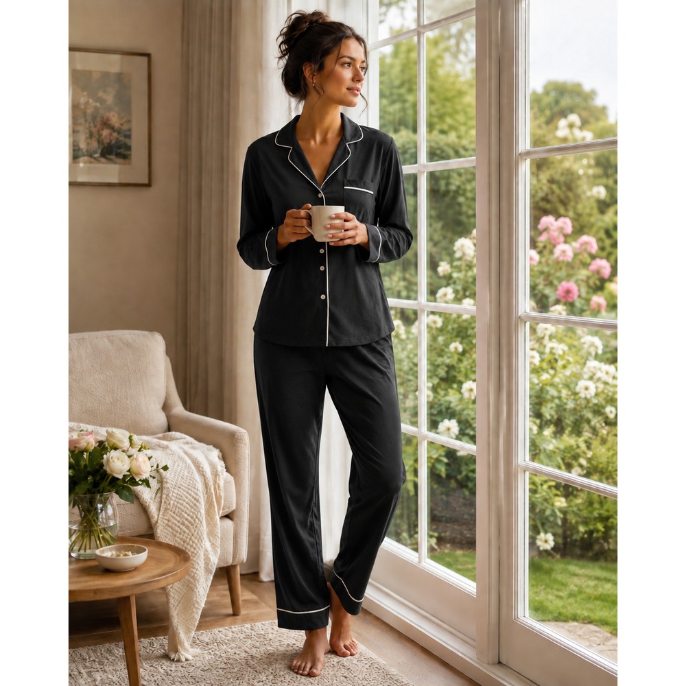 Cozy Earth Pajamas XS TALL Navy‎ Bamboo Stretch-Knit Long Sleeve Pajama Set